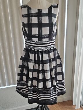 Eliza J Black and White Brushstroke Plaid Midi Dress with Striped Hem